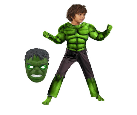 Hulk gyerek jelmez, L méret, zöld, 120-130 cm, maszk