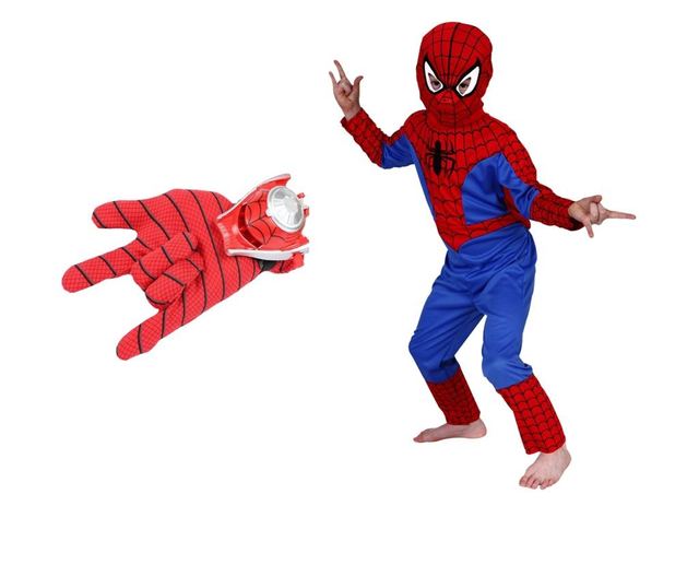 Spiderman M öltönykészlet, 110-120 cm és két kesztyű tapadókorongokkal és korongokkal, piros