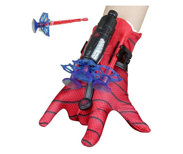 Spiderman M öltönykészlet, 110-120 cm és két kesztyű tapadókorongokkal és korongokkal, piros