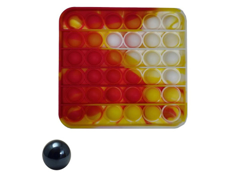 Stresszoldó játék, Pop it, szilikon, négyzet alakú, 13 cm, piros, golyó tartozik hozzá