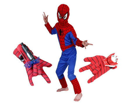 Set costum Spiderman S, 100-110 cm si doua manusi cu ventuze si discuri, rosu