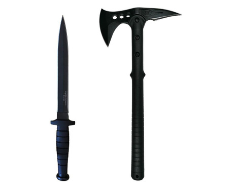 Ideallstore комплект за къмпинг, брадва и нож с пиратски череп и двойно острие, неръждаема стомана, черен