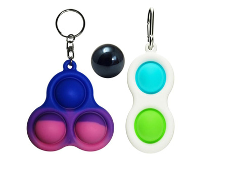 Stresszoldó játékkészlet, Pop it, kulcstartó, 8 cm, tricolor, golyó mellékelve