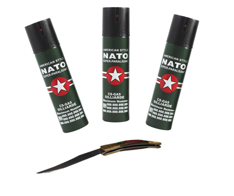 Set 3 sprayuri NATO, cadou briceag model spaniol 21 cm