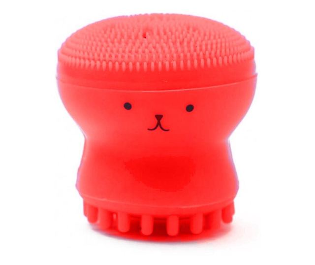 Set Bonita cu buretel cosmetic in forma de para si dispozitiv de curatare faciala, din silicon, rosu/roz, Doty  6x4x4