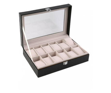 Cutie 12 ceasuri , caseta eleganta, neagru cu striatii(model croco) pentru ceasuri + cadou cutie lemn depozitare bijuterii