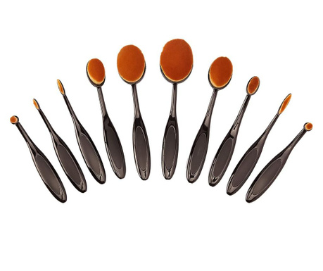 Set 10 pensule ovale pentru machiaj, peri naturali, materiale de calitate,codita ergonomica,negru, doty  35x20x4