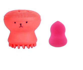 Set Bonita cu buretel cosmetic in forma de para si dispozitiv de curatare faciala, din silicon, rosu/roz, Doty  6x4x4