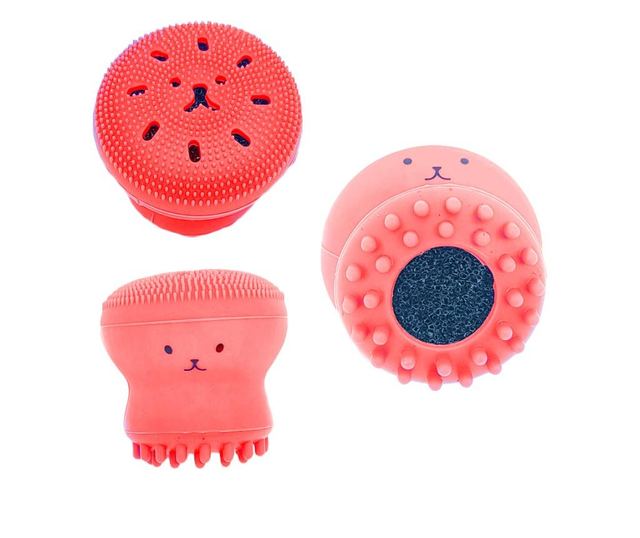 Set Bonita cu buretel cosmetic in forma de para si dispozitiv de curatare faciala, din silicon, rosu/roz, Doty  6x4x4