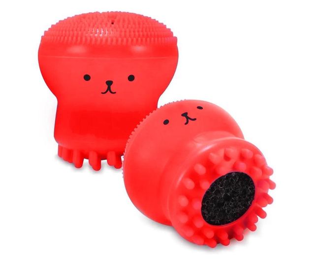 Set Bonita cu buretel cosmetic in forma de para si dispozitiv de curatare faciala, din silicon, rosu/roz, Doty  6x4x4