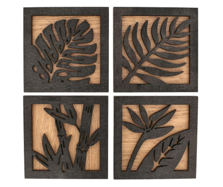 Set 4 tablouri frunze, lemn, culoare negru/stejar, 80x80 cm