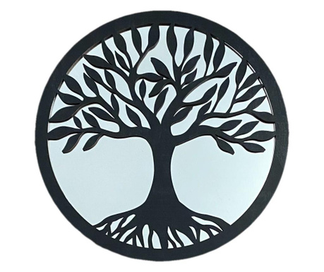 Oglinda decorativa cu aplicatie din lemn Tree of Life, diametru 50 cm, culoare negru