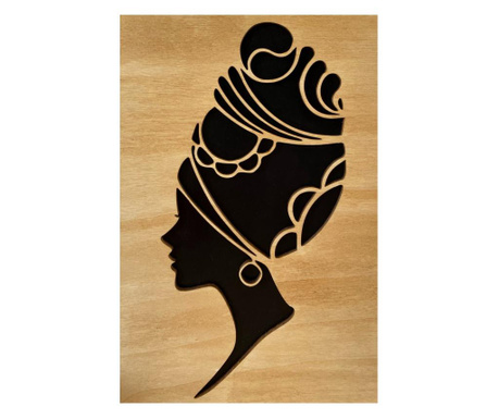 Tablou din lemn profil Afro Woman, 75x50 cm, culoare stejar/negru