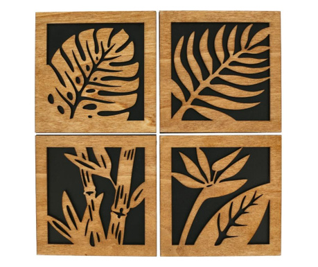 Set 4 tablouri frunze, lemn, culoare stejar/negru, 80x80 cm
