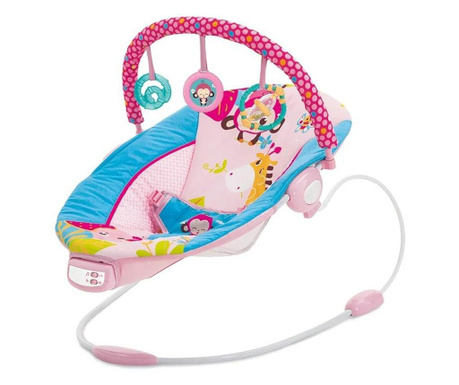 Leagan electric pentru bebe, cu vibratii si melodii, bara de activitati, ham reglabil, roz, Buz