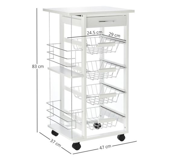 Homcom carucior de bucatarie economisire spatiu din lemn alb cu 1 suprafata de lucru 1 sertar si 4 cosuri metalice HOMCOM