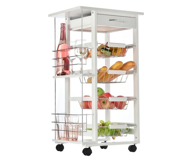 Homcom carucior de bucatarie economisire spatiu din lemn alb cu 1 suprafata de lucru 1 sertar si 4 cosuri metalice HOMCOM
