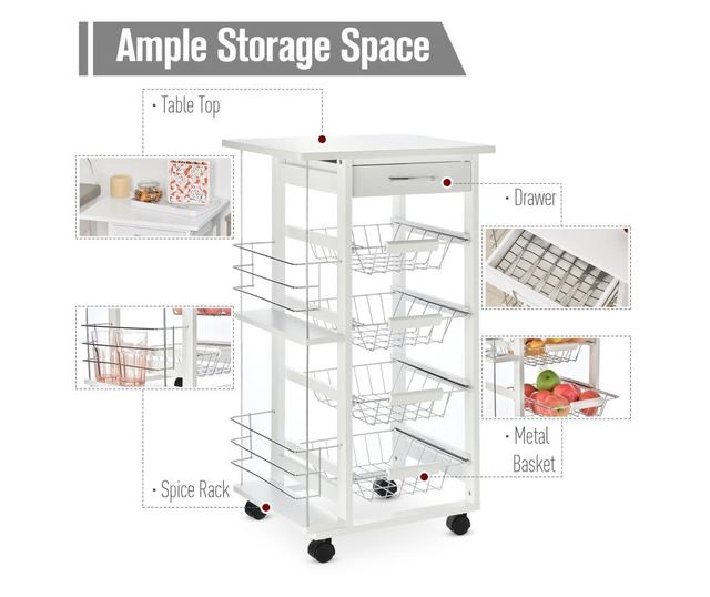Homcom carucior de bucatarie economisire spatiu din lemn alb cu 1 suprafata de lucru 1 sertar si 4 cosuri metalice HOMCOM