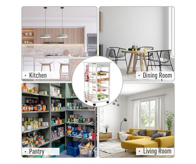 Homcom carucior de bucatarie economisire spatiu din lemn alb cu 1 suprafata de lucru 1 sertar si 4 cosuri metalice HOMCOM