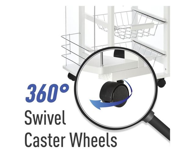 Homcom carucior de bucatarie economisire spatiu din lemn alb cu 1 suprafata de lucru 1 sertar si 4 cosuri metalice HOMCOM