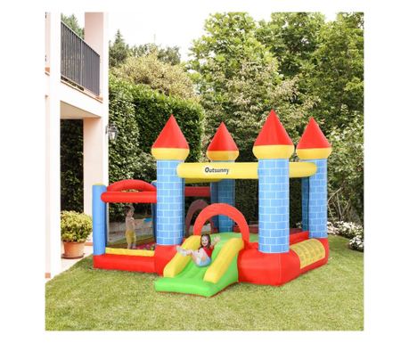Outsunny Castel Gonflabil Gigant si Trambulina pentru Copii 3-8 Ani cu Tobogan, Piscina si Cos de Baschet, 3x2.75x2.1m