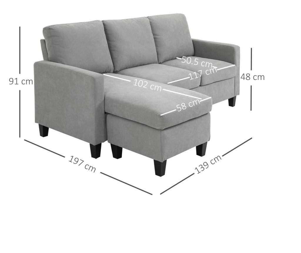 HOMCOM Модерен модулен ъглов диван, 3-местен диван с обратим полуостров от светлосив плат, 197x139x - 2