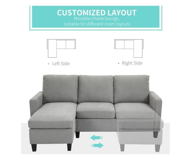HOMCOM Canapea de colt modulara si moderna, canapea 3 locuri cu peninsula reversibila din material textil gri deschis, 197x139x