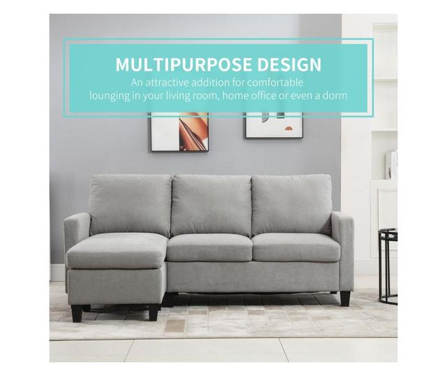 HOMCOM Canapea de colt modulara si moderna, canapea 3 locuri cu peninsula reversibila din material textil gri deschis, 197x139x
