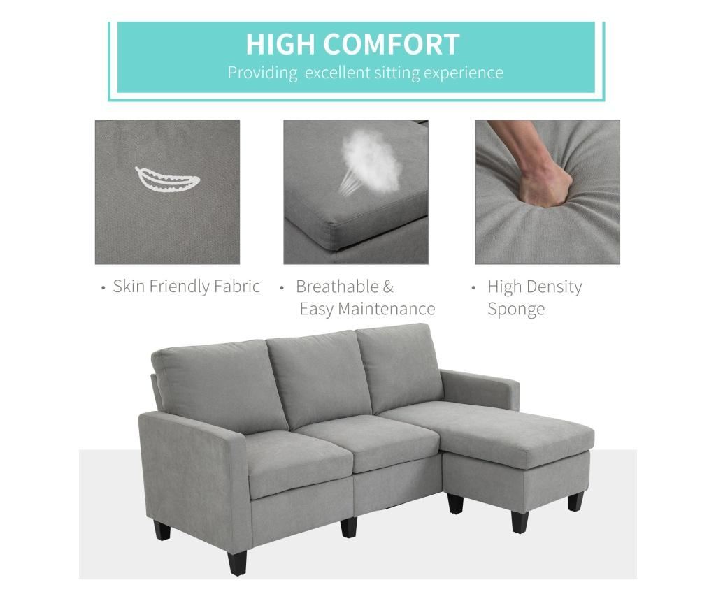 HOMCOM Модерен модулен ъглов диван, 3-местен диван с обратим полуостров от светлосив плат, 197x139x - 6