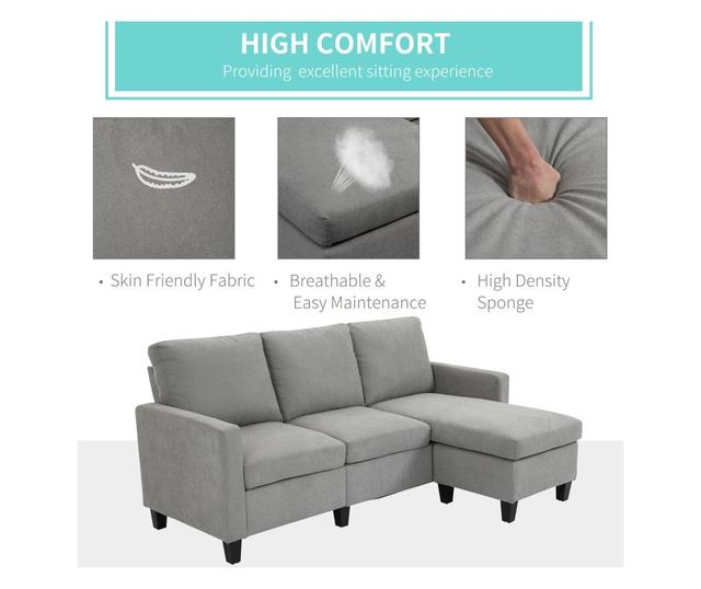 HOMCOM Canapea de colt modulara si moderna, canapea 3 locuri cu peninsula reversibila din material textil gri deschis, 197x139x