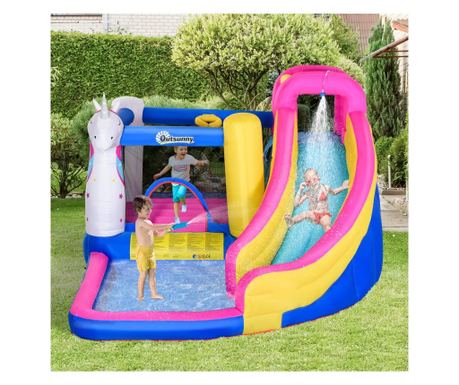 Outsunny Castel Casa Joc Gonflabil, Gigant si Trambulina pentru 4 Copii cu Tobogan, Piscina si Cos de Baschet Outsunny