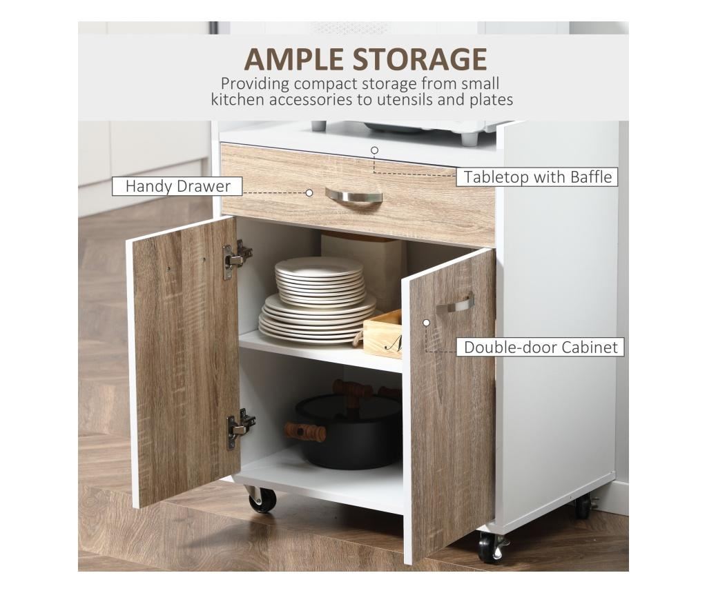 Homcom carucior de bucatarie pentru alimente cu sertar, dulapior si 4 roti, din lemn, 60x40x77cm, stejar HOMCOM - 3