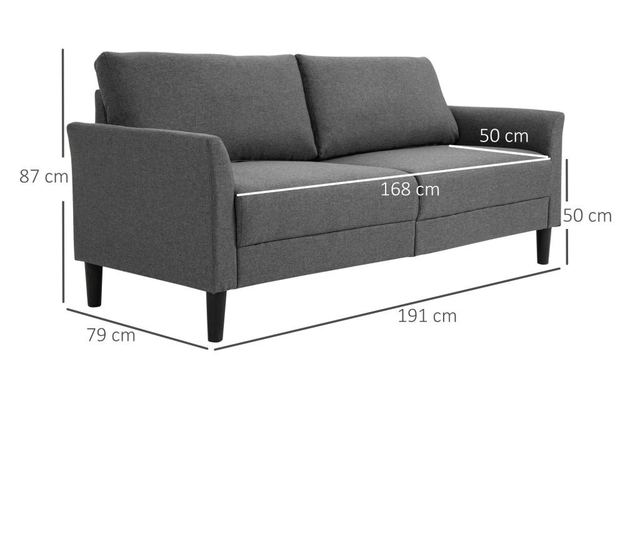 HOMCOM Canapea 2 locuri pentru casa și birou cu 4 picioare din metal, canapea cu brațe tapițate, material cu efect in, gri