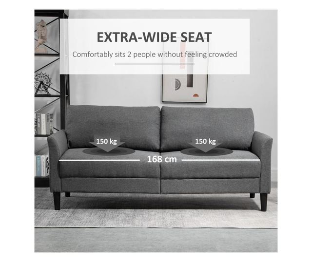 HOMCOM Canapea 2 locuri pentru casa și birou cu 4 picioare din metal, canapea cu brațe tapițate, material cu efect in, gri