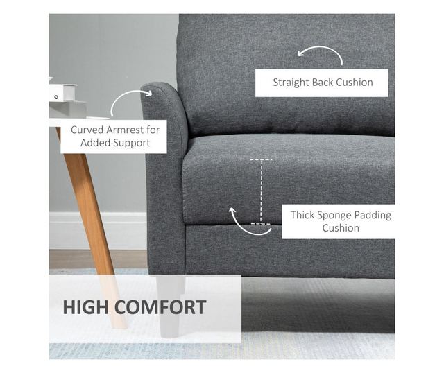 HOMCOM Canapea 2 locuri pentru casa și birou cu 4 picioare din metal, canapea cu brațe tapițate, material cu efect in, gri