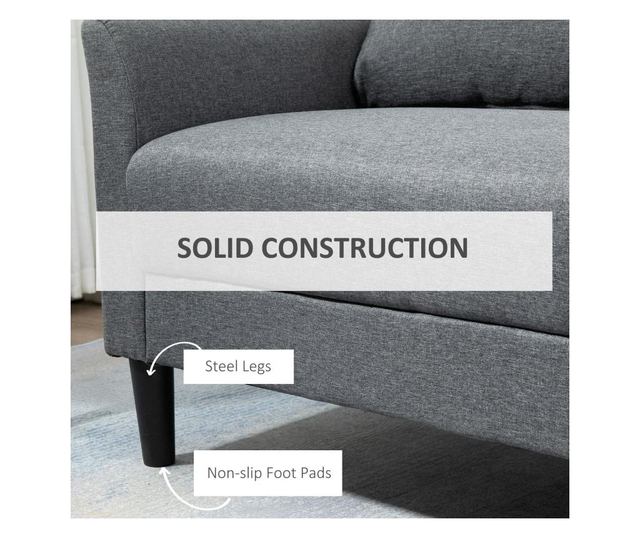 HOMCOM Canapea 2 locuri pentru casa și birou cu 4 picioare din metal, canapea cu brațe tapițate, material cu efect in, gri