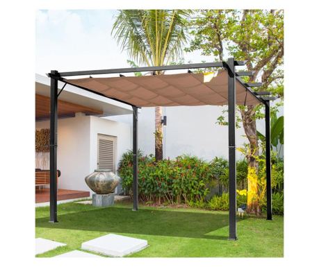 Pergolă de Grădină 3x4m cu Copertină Retractabilă din Poliester și Cadru din Aluminiu, Foișor de Exterior, Gri și Maro