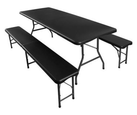 Összecsukható bútorkészlet teraszra vagy kertre, amely 1 asztalból és 2 padból áll, fekete, 180x74x74, MCT Garden 18264