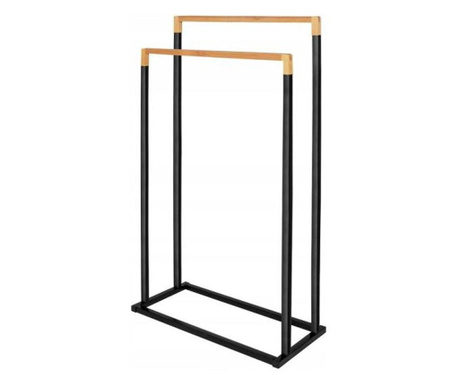 Suport pentru prosoape de baie, metalic + bambus, 2 brate, negru, 45x21.5x84 cm, Springos