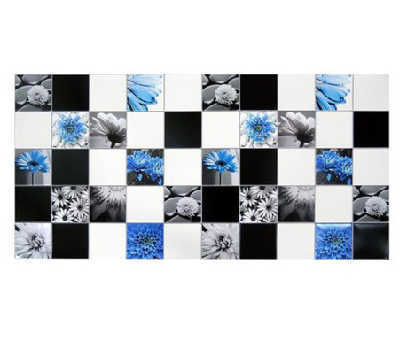 Dekorációs panel, PVC, virágmintás, fehér, fekete és kék, 96x48,5 cm, 96x48,5 cm