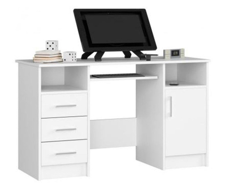 Компютърно бюро, ламинирана дъска, 3 чекмеджета, 5 рафта, бяло, 124х52х74 см, Ана