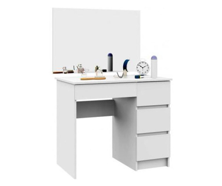 Fésülködőasztal/smink, 4 egyenes fiók tükörrel, fehér, 90x50x77/142 cm
