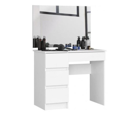 Fésülködőasztal/smink, 4 bal oldali fiók tükörrel, fehér, 90x50x77/142 cm