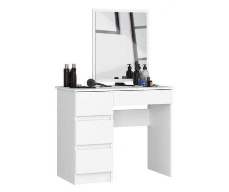 Fésülködőasztal/smink, 4 fiók, balra, tükörrel, fehér, 90x50x77/142 cm