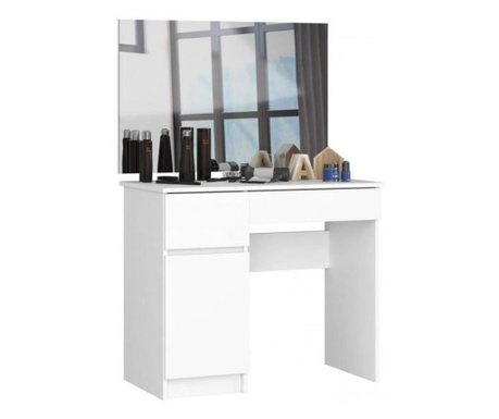 Fésülködőasztal/smink, 2 fiók, 2 polc, balra, tükörrel, fehér, 90x50x77/142 cm