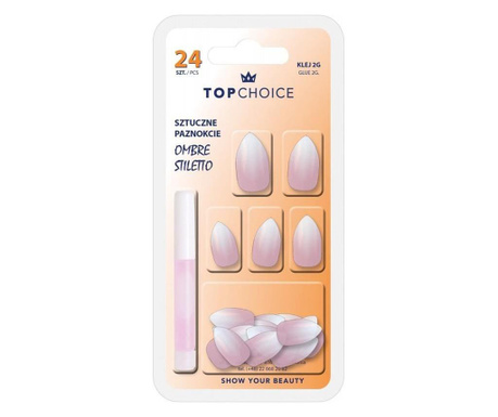 Set 24 unghii artificiale si adeziv ombre stiletto Top Choice pink almond 78170