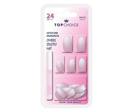 Set 24 unghii artificiale mate cu adeziv ombre stiletto pink almond Top Choice 78194