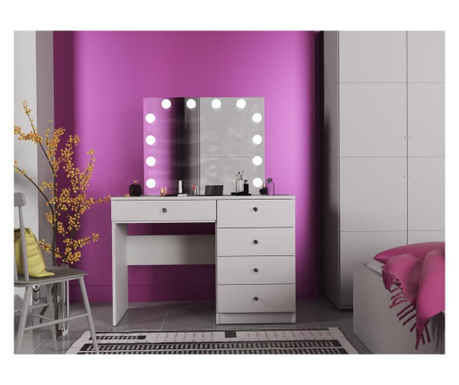 Set masa toaleta, 110 cm, cosmetica machiaj, masuta vanity, oglinda cu led-uri, alb, mbmt8