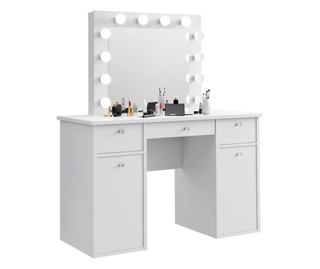 Set masa toaleta cosmetica 120 cm machiaj oglinda masuta vanity, oglinda cu led-uri, alb, mbmt10