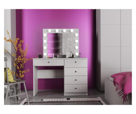 Set masa toaleta, 110 cm, cosmetica machiaj, masuta vanity, oglinda cu led-uri, alb, mbmt9